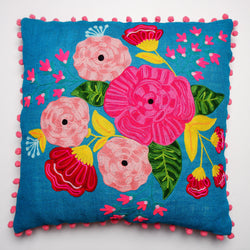 Embroidered Flower Cushion with Pom Poms - Vendeo.co.uk