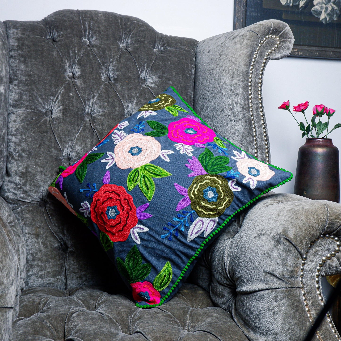 Embroidered  Flower Cushion - Vendeo.co.uk